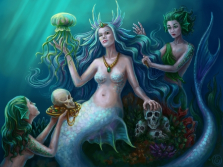 Mistress of the rivers - blue, girl, skull, fantasy, jellyfish, lady dreamart, mermaid, underwater, ladydreamart