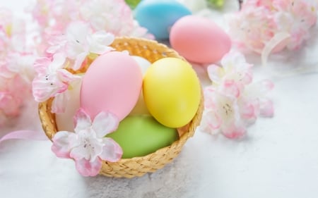 Happy Easter! - yellow, spring, flower, pink, pasti, easter, basket, egg, card, pastel