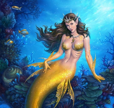 Mermaid - candra, vara, girl, summer, fantasy, underwater, yellow, blue, siren, fish, golden, peste