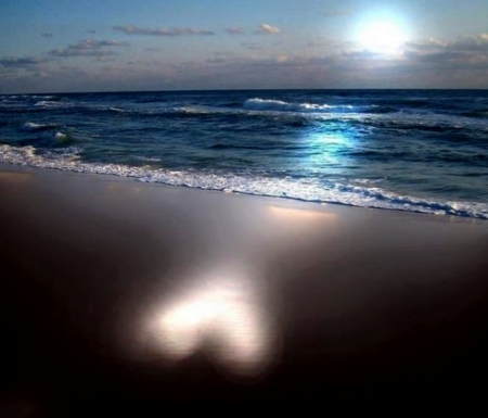 Reflection Moon to the Beach Heart Shape - Moon, Water, Nature, Clouds, Relection, Sky, Beach