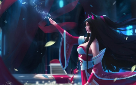 Ahri - d han, dhan, girl, frumusete, fantasy, fox, lol, pink, luminos, blue, petals, ahri