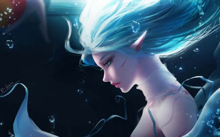 Elf girl - blue, girl, elf, frumusete, fantasy, underwater, face, dhan, luminos, d han