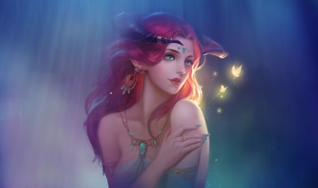 Fairy - firefly, jiang yiting, blue, girl, horns, frumusete, fantasy, redhead, hand, butterfly, fairy, luminos