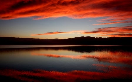 Mountain lake - glow, sky, sunset, clouds