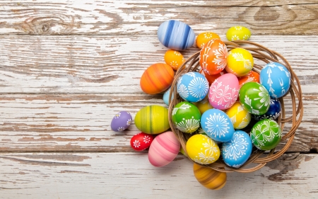 Happy Easter! - easter, basket, colorful, wood, egg, card