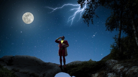 Shazam - silhouette, shazam, night, blue, aftabprasla, sky, fantasy, movie, moon, man