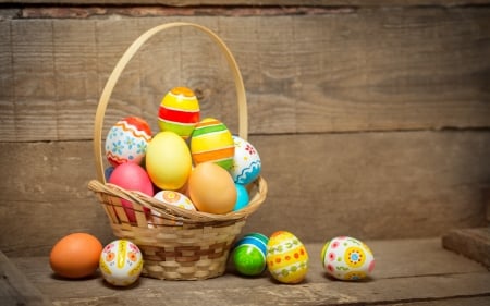 Happy Easter! - easter, card, brown, pasti, egg, basket, wood, colorful