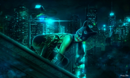 Catwoman - fantasy, catwoman, comics, dmchalyi, luminos, blue, green