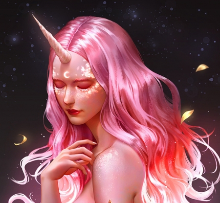 Unicorn maiden - face, pink, maiden, karmen loh, girl, frumusete, unicorn, art, fantasy, hand, luminos