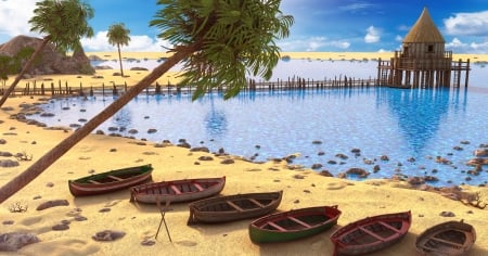 Beach Hut - clouds, beach, sea, ocean, sand, pier, boats, tropics, palm trees, hut, sky, rocks