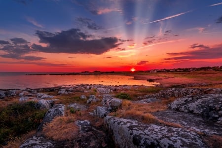 Fiery sunset - red, sky, reflection, beautiful, fiery, sunset