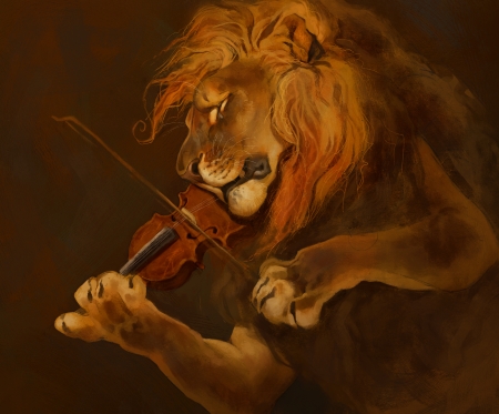 Fiddler - paw, lion, leu, instrument, fantasy, art, luminos, orange, violin, pixxus