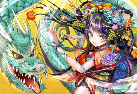 Year of the Dragon - manga, anime, dragon, yellow, year of the dragon, green, girl, keepout