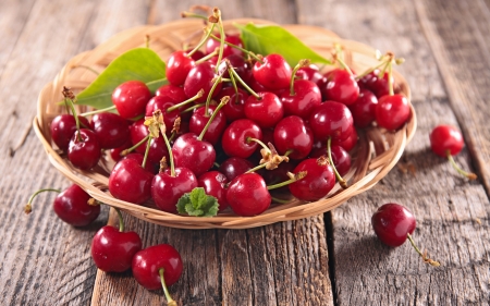 Cherries - wood, red, basket, cherry, fruit