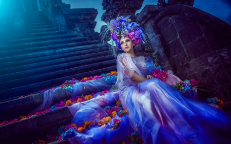 Midsummer Dream - pretty, blue, photography, girl, veils, fantasy, stairs, woman, flower crown, art, wallpaper