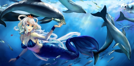 Mermaid - girl, jiaoshouwen, water, underwater, siren, blue, mermaid, anime, sea, manga, dolphin