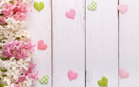 :-) - heart, valentine, spring, wood, white, pink, card, green, hyacinth