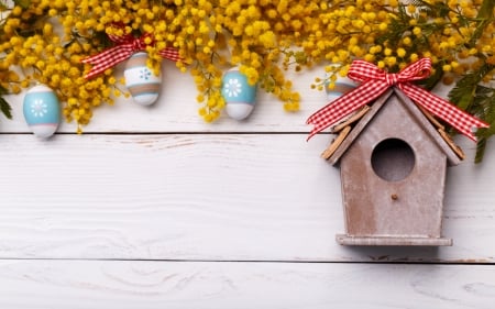 Happy Easter! - easter, bird house, wood, yellow, bow, red, card, egg, flower