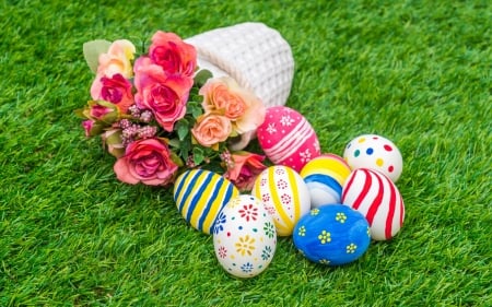 Happy Easter! - grass, flower, pink, easter, basket, colorful, white, green, rose, egg