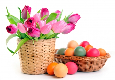 Happy Easter! - easter, basket, egg, card, flower, pink, tulip