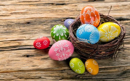 Happy Easter! - easter, card, brown, egg, basket, wood, colorful