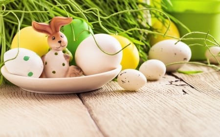 Happy Easter! - easter, yellow, green, figurine, egg, card, bunny