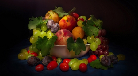 Fruits - red, peach, green, leaf, grapes, tomatoe, still life, fruit