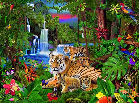 Tigers of the Forest - cubs, artwork, digital, flowers, waterfall, tiger, butterflies