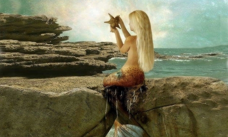 Mermaid Finds a Starfish - starfish, magical, mermaid, sea, enchanting, rocks