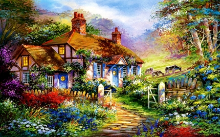 Forest Cottage Garden - cottage, cows, fence, forest, garden, fantasy