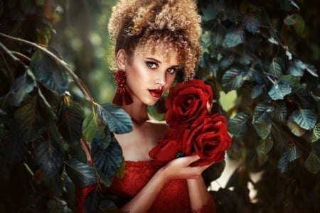 Beauty with Roses - woman, beauty, rose, flower