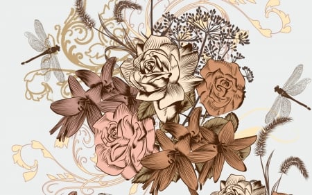 Flowers and dragonflies - paper, flower, pattern, rose, pink, libelula, brown, dragonfly, texture, insect