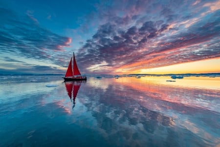 Sunset - sky, vara, water, summer, sunset, yacht, cloud, reflection, red, blue, orange, sea, boat