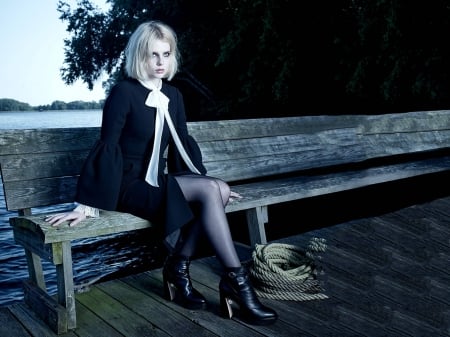 Lucy Boynton - wallpaper, 2019, model, beautiful, actress, coat, hot, stockings, boardwalk, heels, water, boynton, lucy, lake, lucy boynton, bench, legs