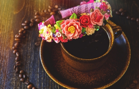 A Cup of Coffee - drink, coffee, headband, flowers, decoration