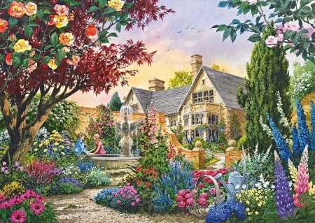 Baeutiful Gardens - home, puzzle, john, franics, garden, flower, foutain