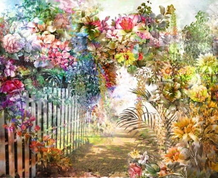 Full Bloom - fence, flowers, garden, cascades