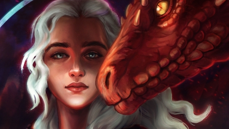 Mother of dragons - game of thrones, girl, orange, daenerys targaryen, fantasy, dragon, red, rociorodriguez, art