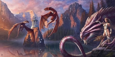 Dragon Valley - fantasy, water, dragon, girl, pavilion, kerem beyit, luminos