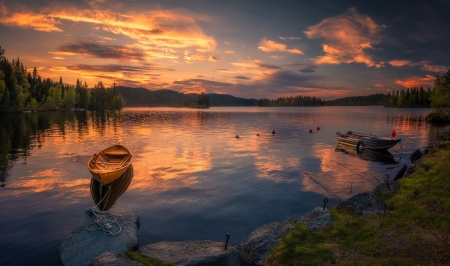 Sunset - sky, lake, clouds, boat