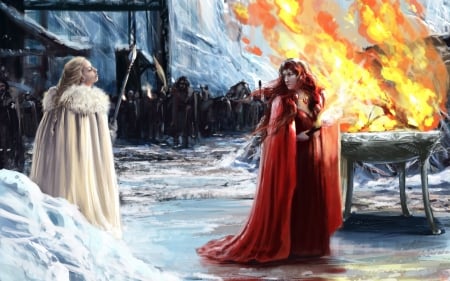 Daenerys and Melissandre - fire, fantasy, red woman, white, daenerys targaryen, art, luminos, melissandre, game of thrones