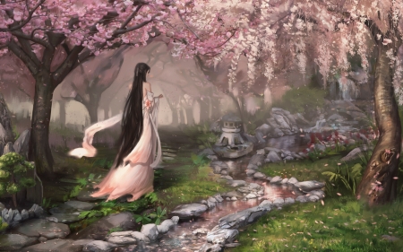 Spring - girl, asian, fantasy, spring, art, pink, luminos, blossom, green, flower