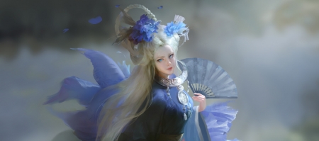 Princess - e9art apple, princess, girl, frumusete, rose, hand fan, art, luminos, blue, evantai, peony, blonde, flower