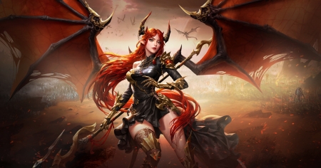 Demoness - league of angels, redhead, luminis, wings, frumusete, black, fantasy, horns, luminos, bat, demon