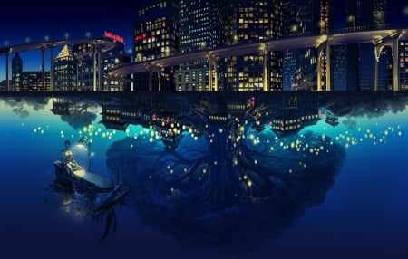 :-) - anime, water, blue, boat, city, night, tree, robot, manga, fantasy, lights