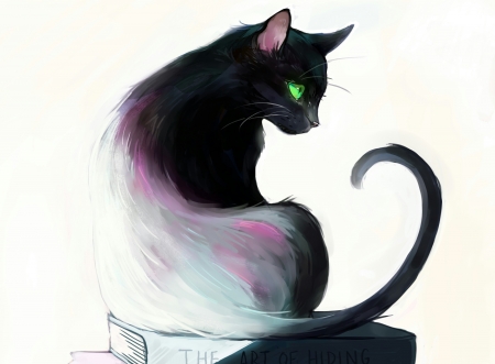 Black cat - book, pink, picolo kun, cat, black, fantasy, white, pisici, halloween, luminos