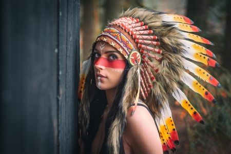 Beauty - woman, indian, girl, native, model, face, red, feather, orange