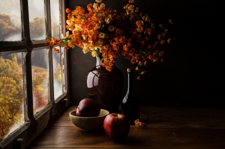 Still life with flowers - autumn, glass, window, light, bottle, bouquet, apples, cup