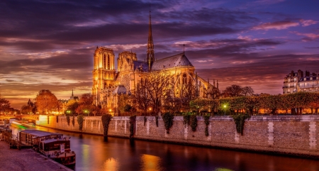 Notre Dame de Paris - cloud, france, night, water, paris, sunset, notre dame, lights