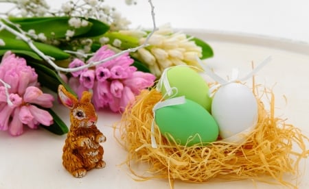 Happy Easter! - flower, pasti, pink, figurine, egg, easter, nest, rabbit, tulip, bunny, green